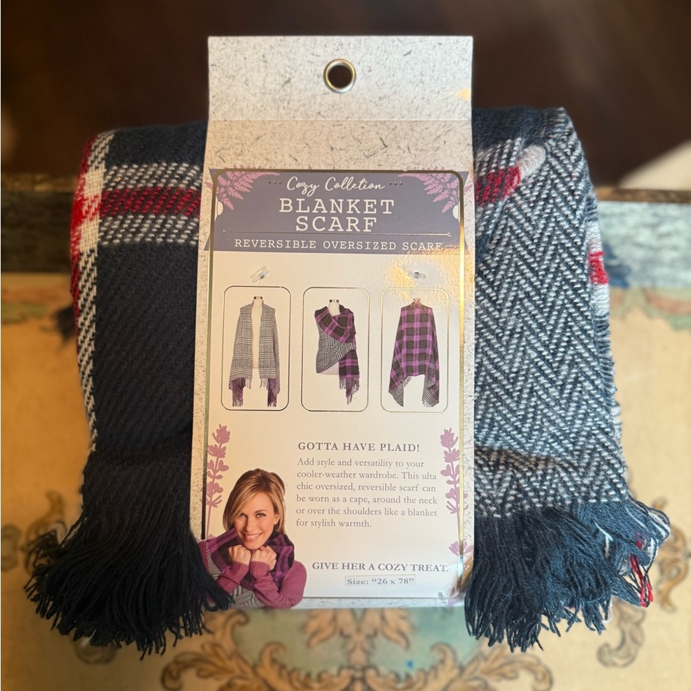Cozy Collection Reversible Plaid Blanket Scarf in Navy, Red & White, 26in x 78in